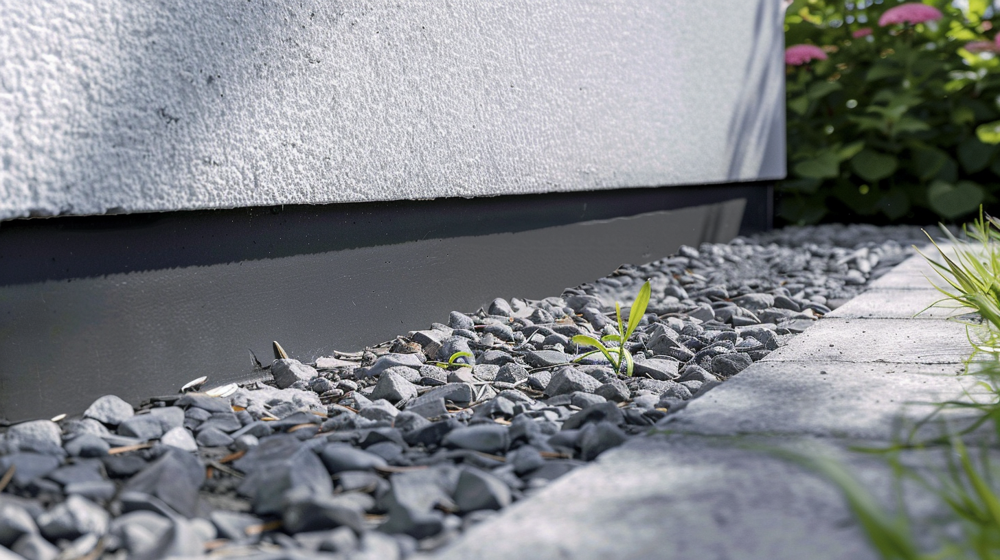 Die Sockelabdichtung an der Außenfassade wurde mit einem Kiesbeet davor ergänzt, um zusätzlichen Schutz vor Feuchtigkeit zu bieten