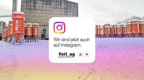 Fixit Silos im Schnee und einem Teaser-Element mit Instagram Glyphe und dem Handle fixit_ag
