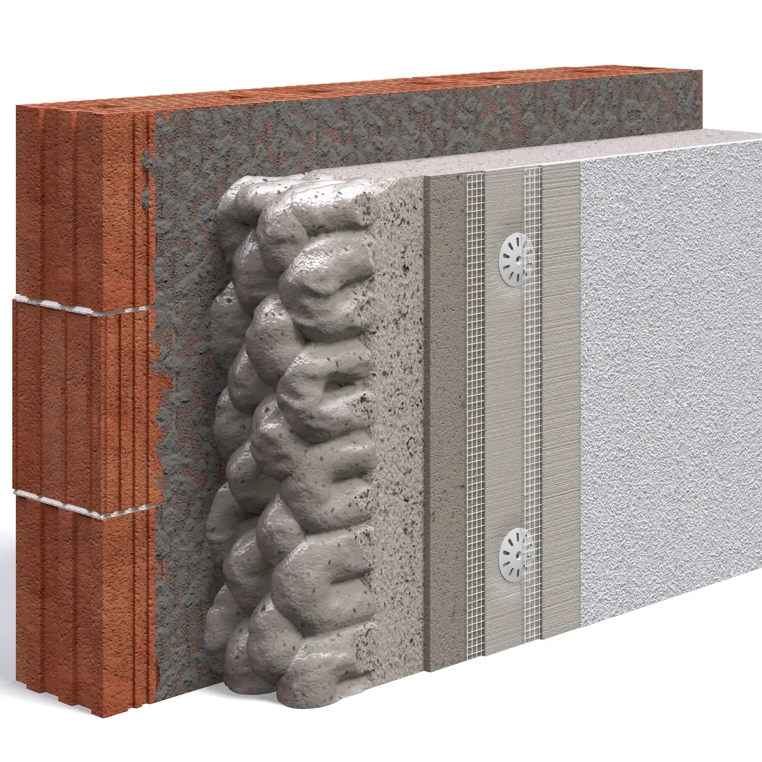 Das Wärmedämmsystem FOME® ist rein  mineralisch und ähnlich den anderen  Systemen mehrschichtig aufgebaut. Der  große Unterschied: Der Schaum wird vor Ort  über das AIRIUM-Verfahren aufgebaut. 