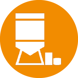 White icon on orange background with silo, sack and bucket