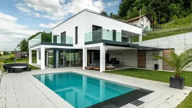 Maison individuelle moderne avec piscine et façade extérieure crépie en blanc avec système composite d'isolation thermique