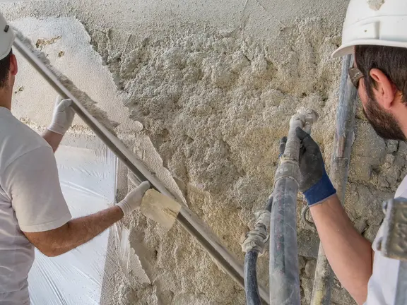 Deux applicateurs projettent l'enduit isolant Fixit 222 Aerogel sur une façade et enlèvent l'enduit isolant haute performance à l'aide d'une latte.