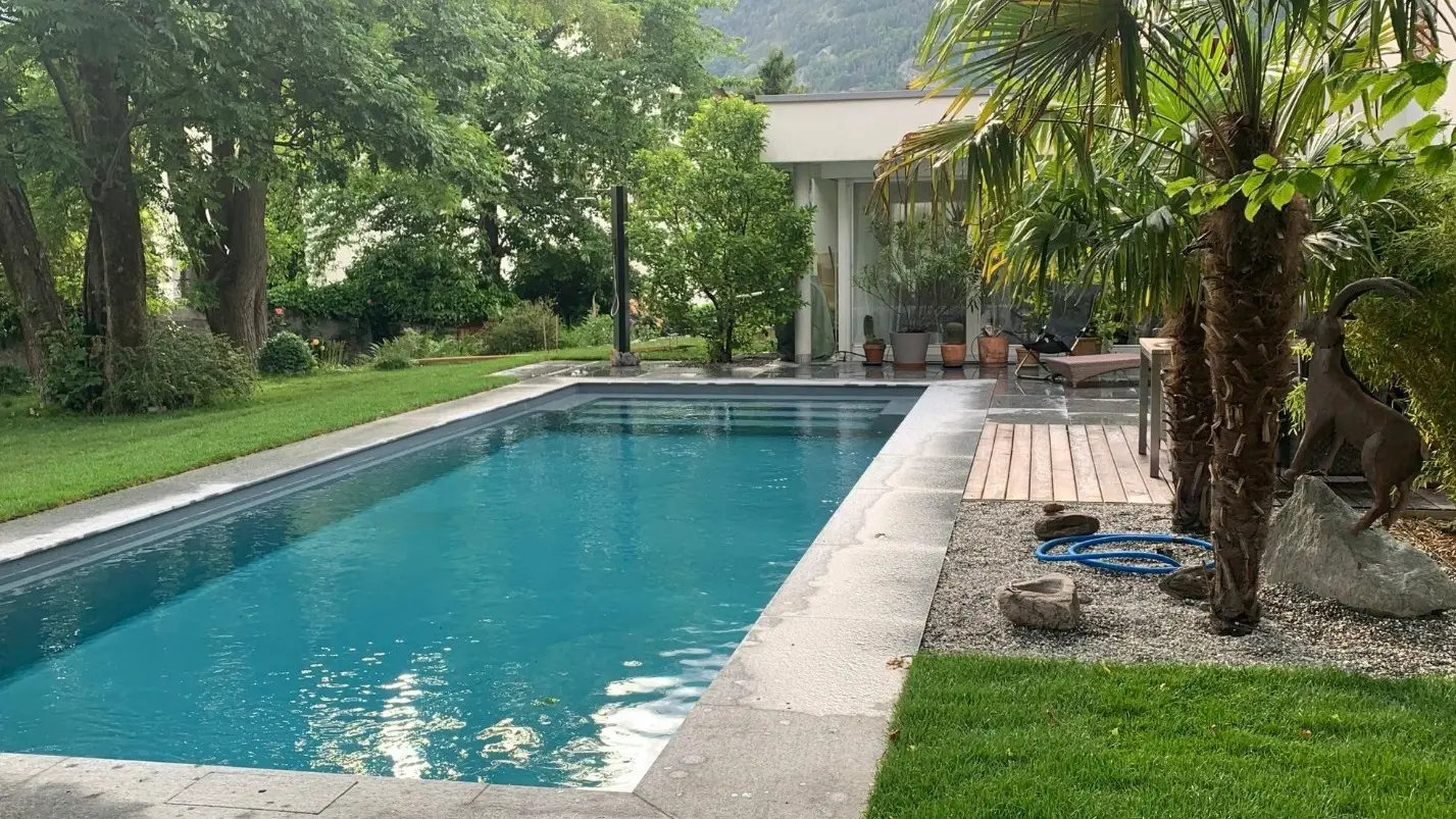 Jardin avec des palmiers et de l'herbe verte, une piscine rectangulaire aux eaux turquoise et une terrasse en arrière-plan