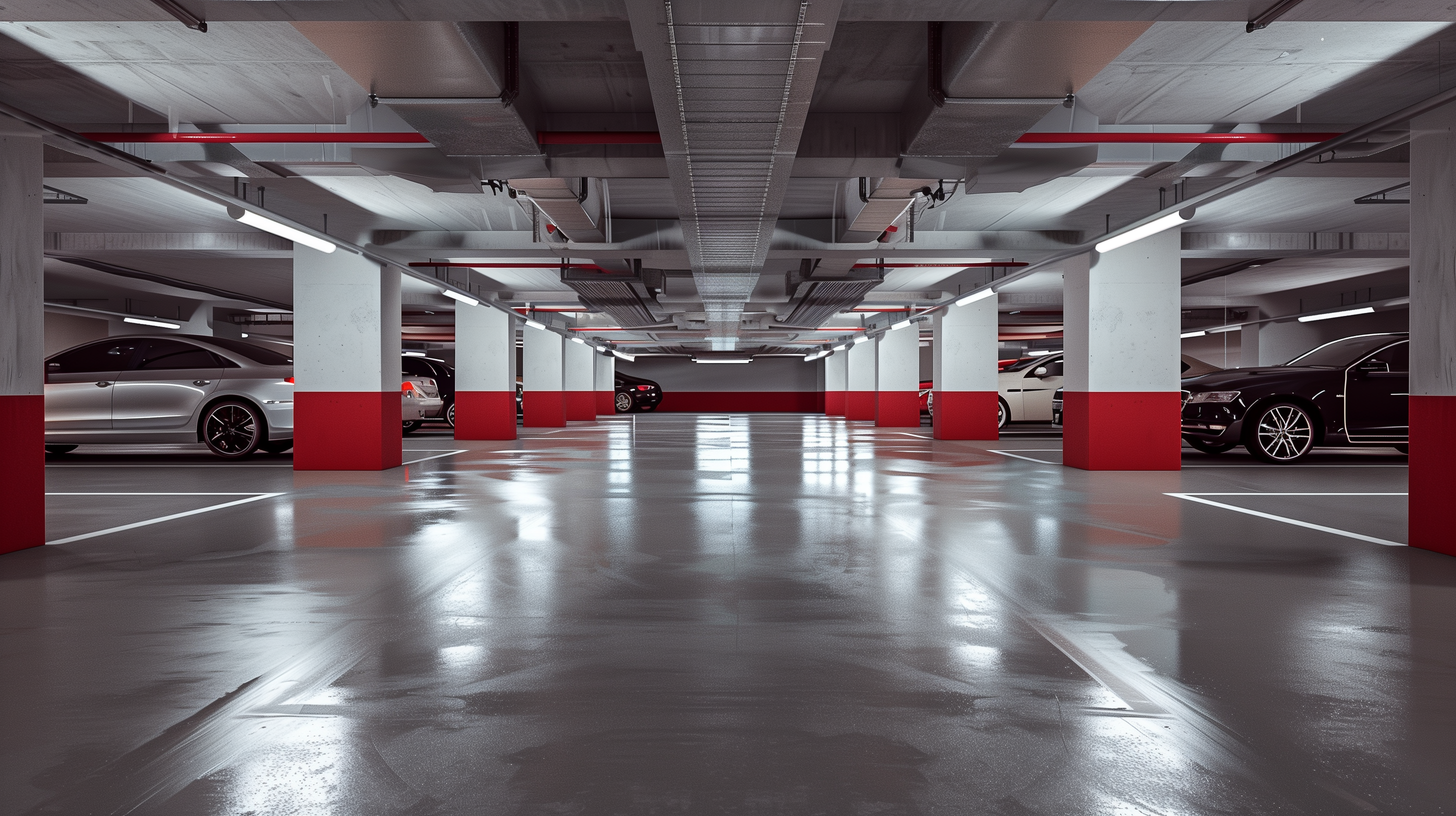 Eine frisch sanierte Tiefgarage mit parkenden Autos
