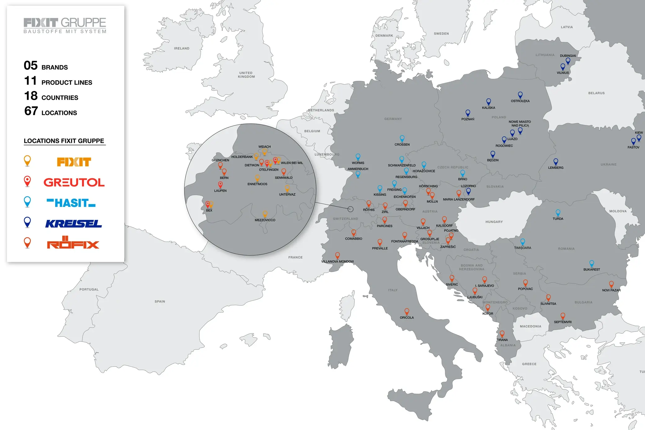 Map of Europe showing the locations of all companies in the FIXIT GROUP in their corporate colours