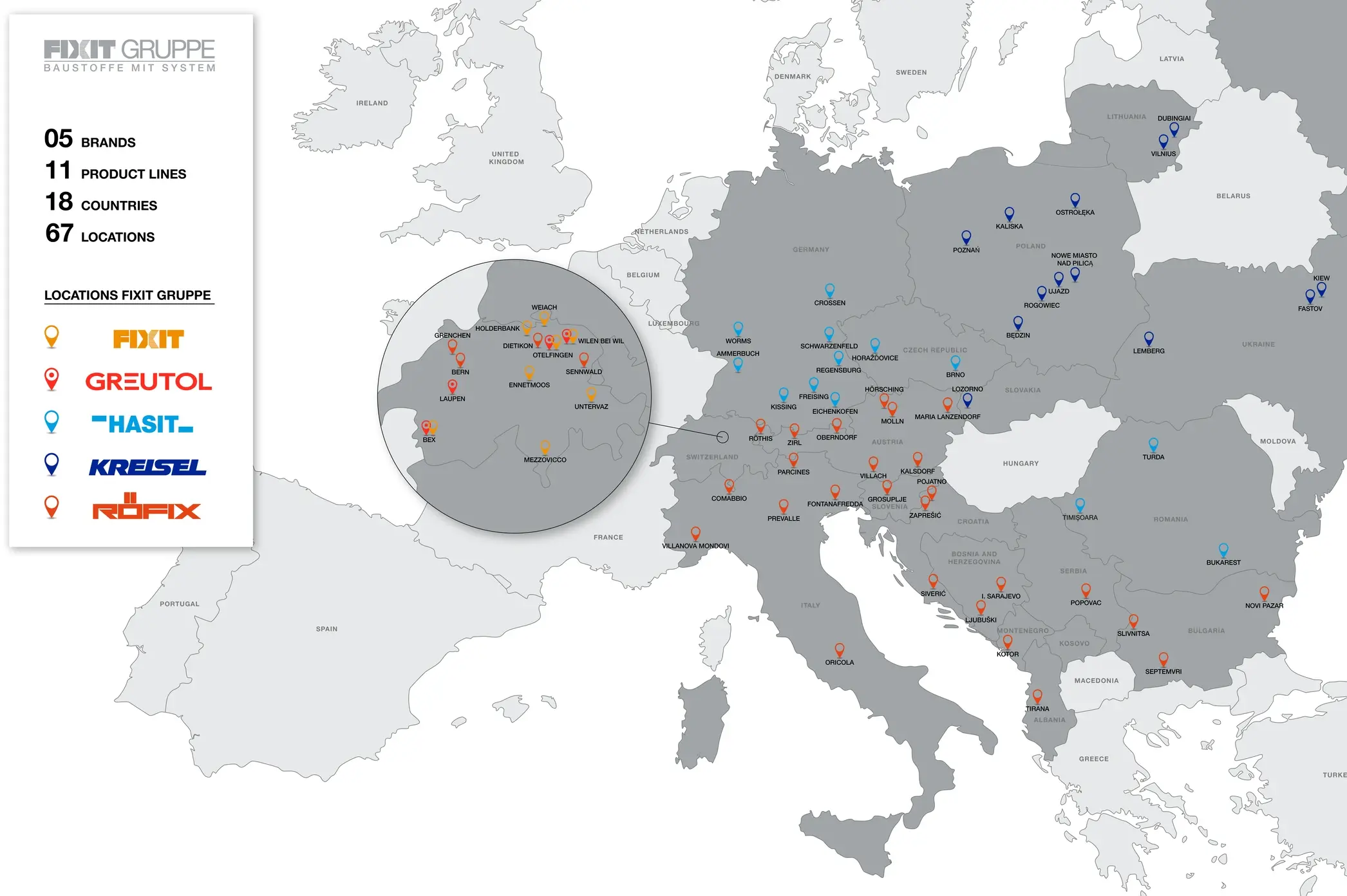 Carte de l'Europe indiquant tous les sites des entreprises du groupe FIXIT, représentés dans les couleurs de la marque