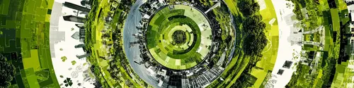 360°-Illustration einer grünen Stadt – steht für Kreislaufwirtschaft und Ressourcenschonung.