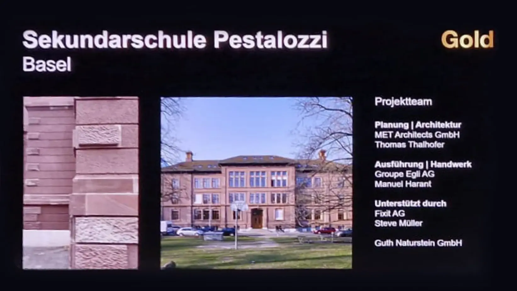 Präsentationsfolie mit zwei Bildern der Sekundarschule Pestalozzi und den Projektverantwortlichen