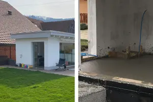 Un décalage par rapport au bâtiment existant et à l'extension est simplement compensé avec du béton mousse Fixit POR