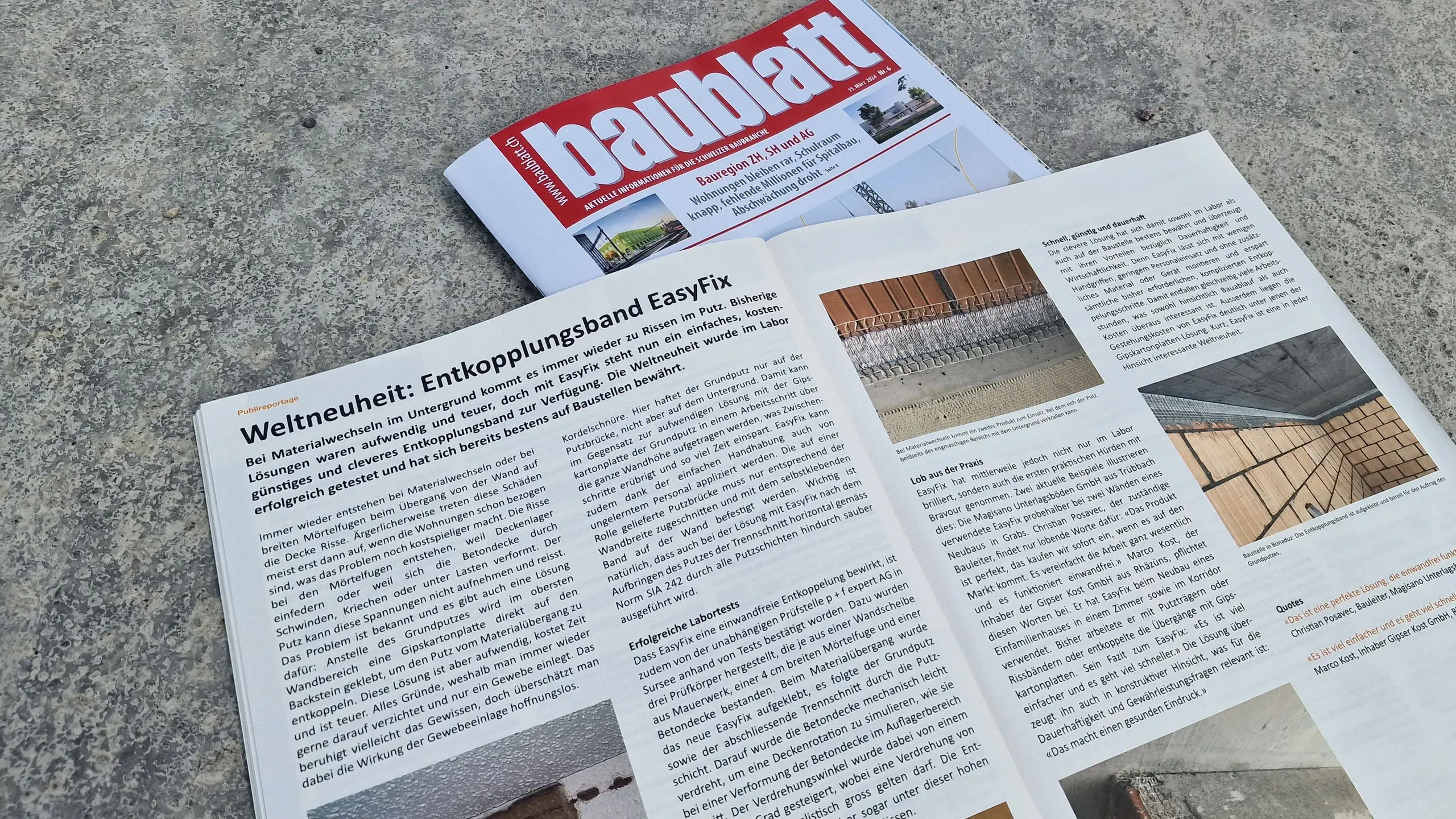 Titelblatt des Magazins "Baublatt" mit dem aufgeschlagenen Artikel zur Weltneuheit Stucanet® Easy Fix Entkopplungsband