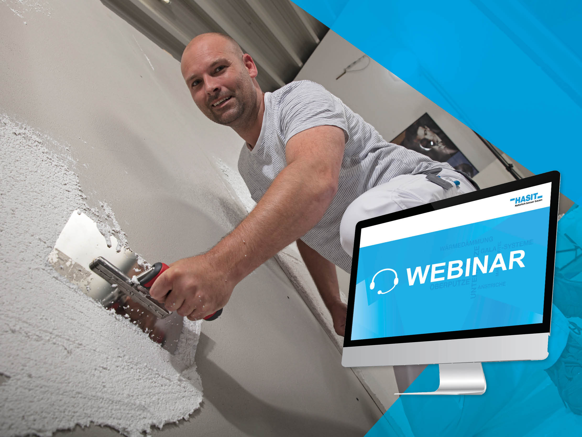 HASIT Webinare im Fokus: Im Hintergrund ein Verarbeiter, der eine Wand verputzt