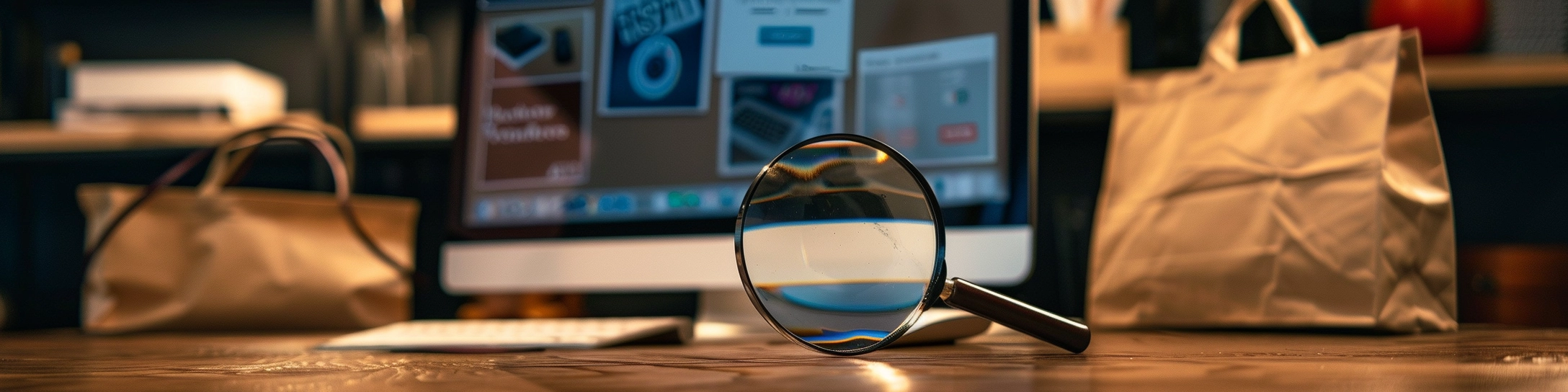 Schreibtisch mit einer Lupe im Vordergrund eines Monitors 