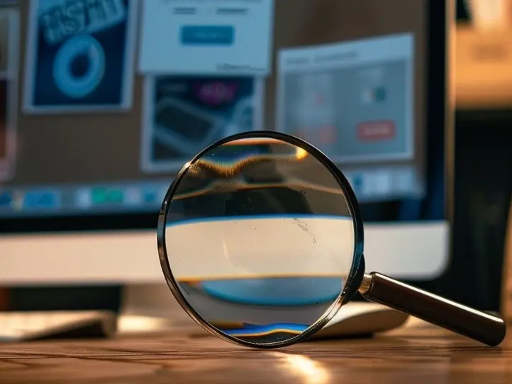Schreibtisch mit einer Lupe im Vordergrund eines Monitors 