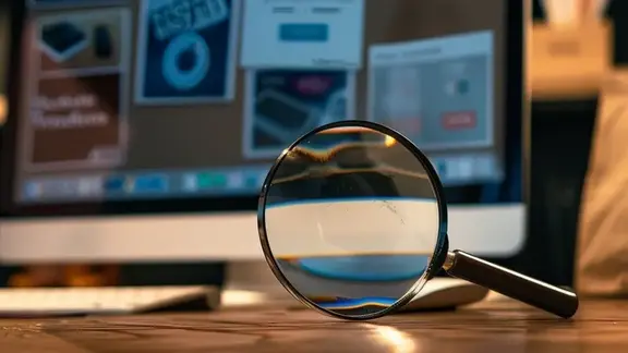 Schreibtisch mit einem Monitor und einer Lupe im Fokus 