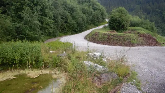 Zone renaturée avec mare et chemin empierré traversant la zone désaffectée de la carrière d'Ennetmoos