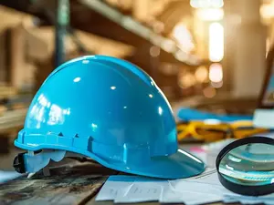 Arbeitsplatz mit Helm und Lupe im Fokus