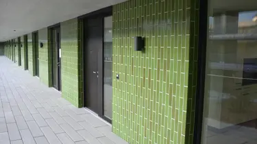 Mit grünen Plattenbelägen ausgestattete Aussenfassade, darunter ein WDVS