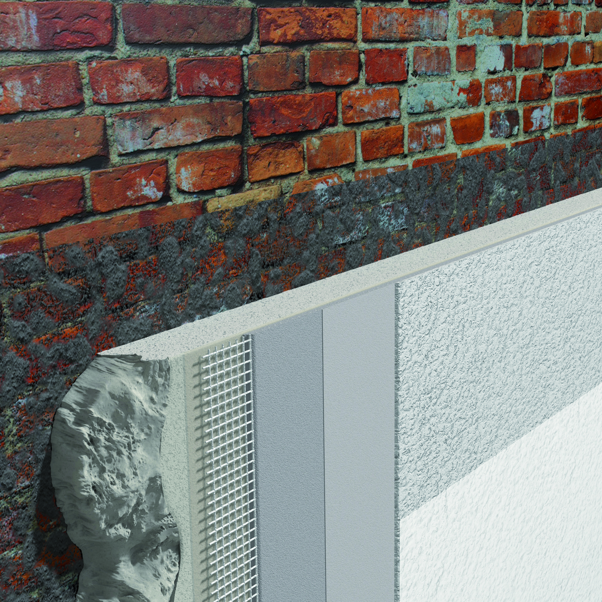 Schrittweiser Aufbau von Wärmedämmputz