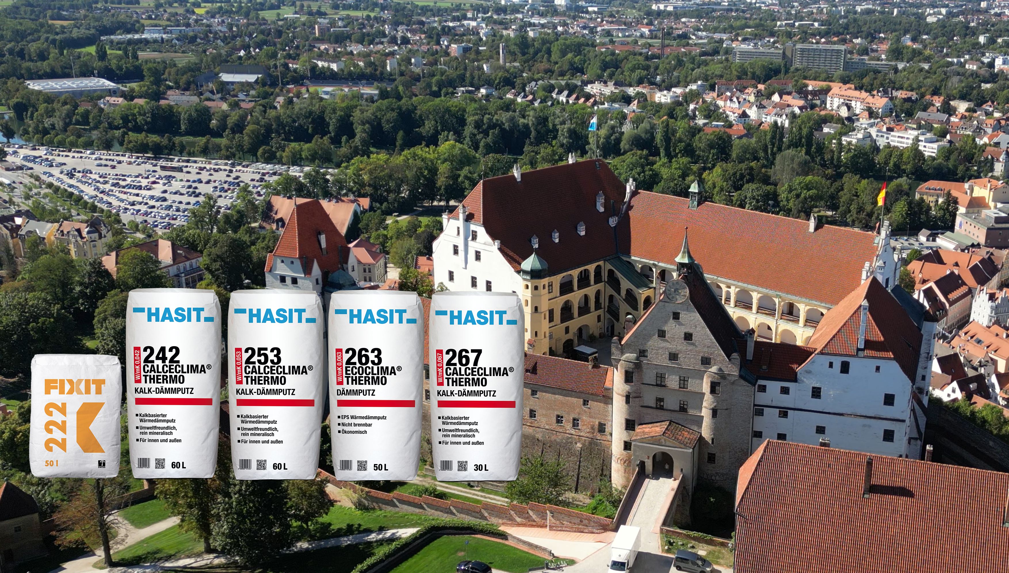 Die historische Burg Trausnitz – im Vordergrund unsere Dämmputz-Produkte.