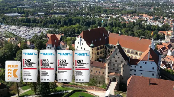 Die historische Burg Trausnitz – im Vordergrund unsere Dämmputz-Produkte.
