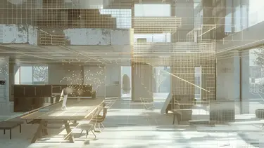  Ein moderner Gemeinschaftsbüro-Arbeitsplatz mit PCs und großen Fensterfronten.