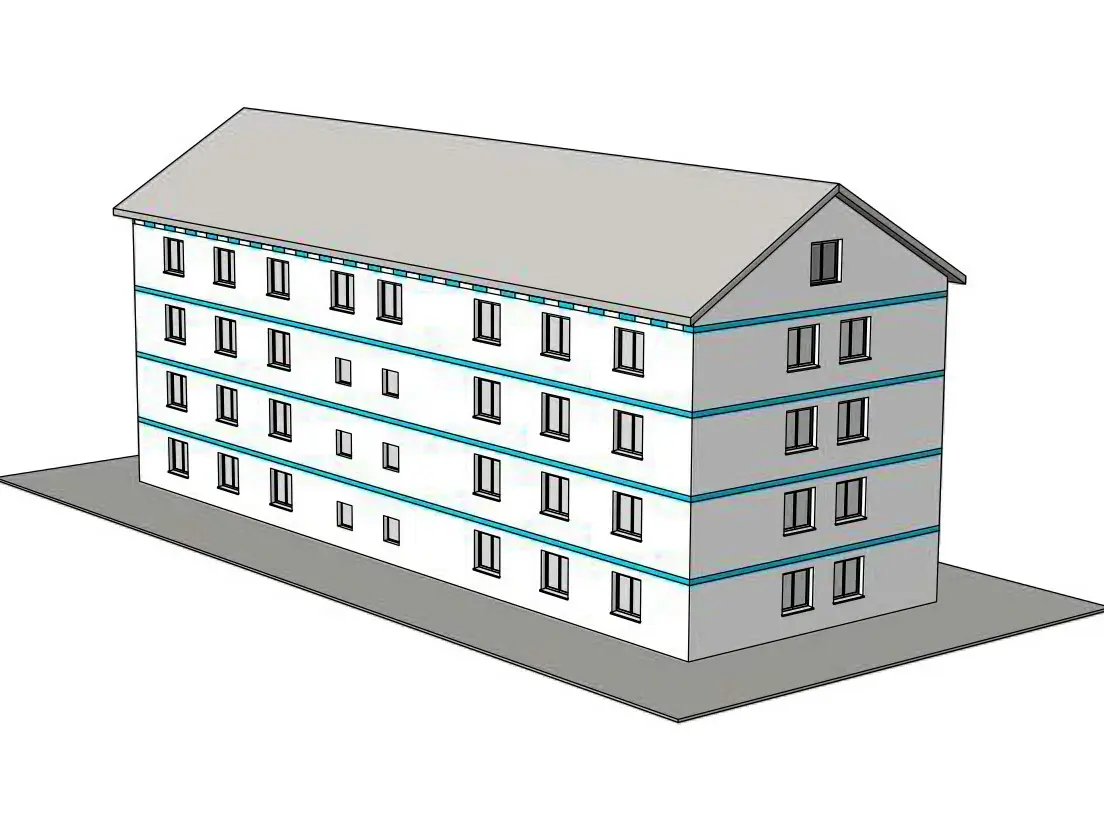  Illustration d'un bâtiment de quatre étages avec toit à pignon et barrières coupe-feu dessinées.