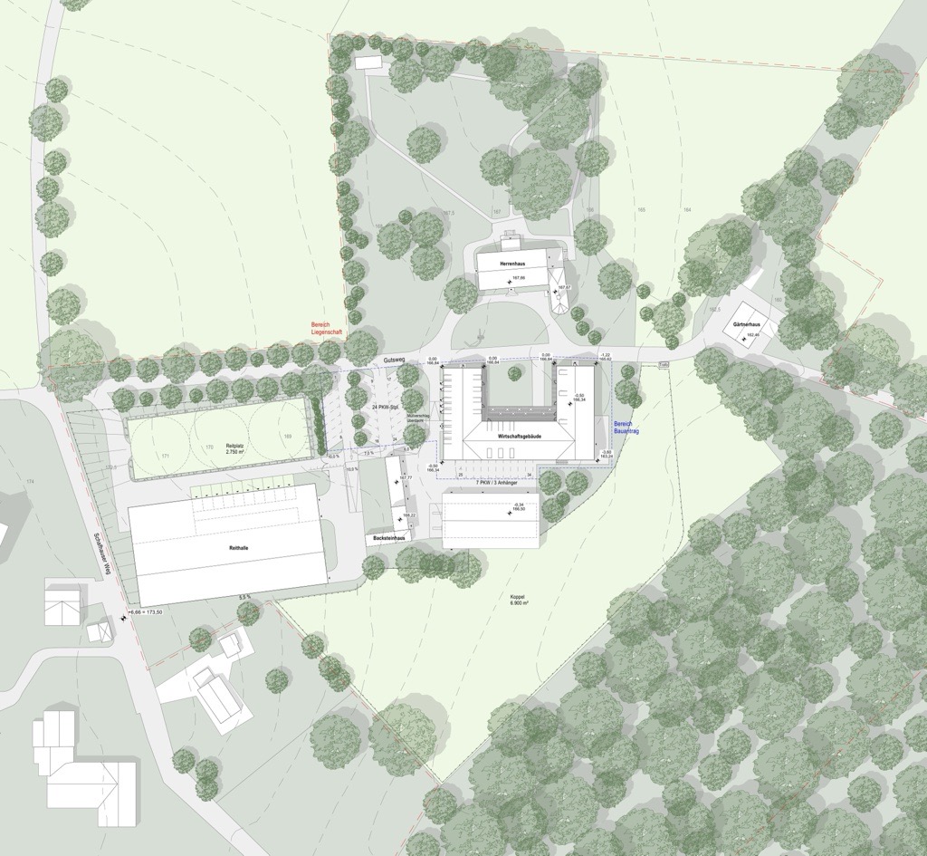 Plan des Grundstücks des Ritterguts Schafhausen mit Park und zwei Nebengebäuden