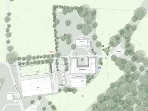 Plan des Grundstücks des Ritterguts Schafhausen mit Park und zwei Nebengebäuden.