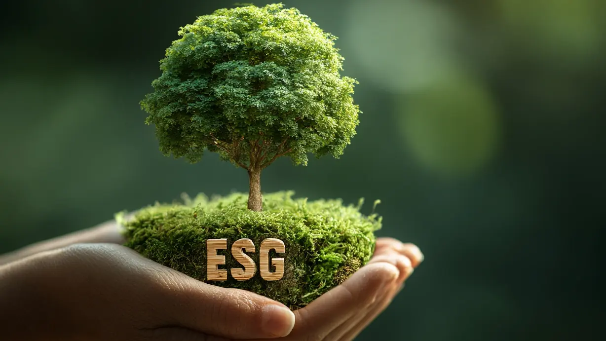 Hand mit ESG Schriftzug und grünem Baum