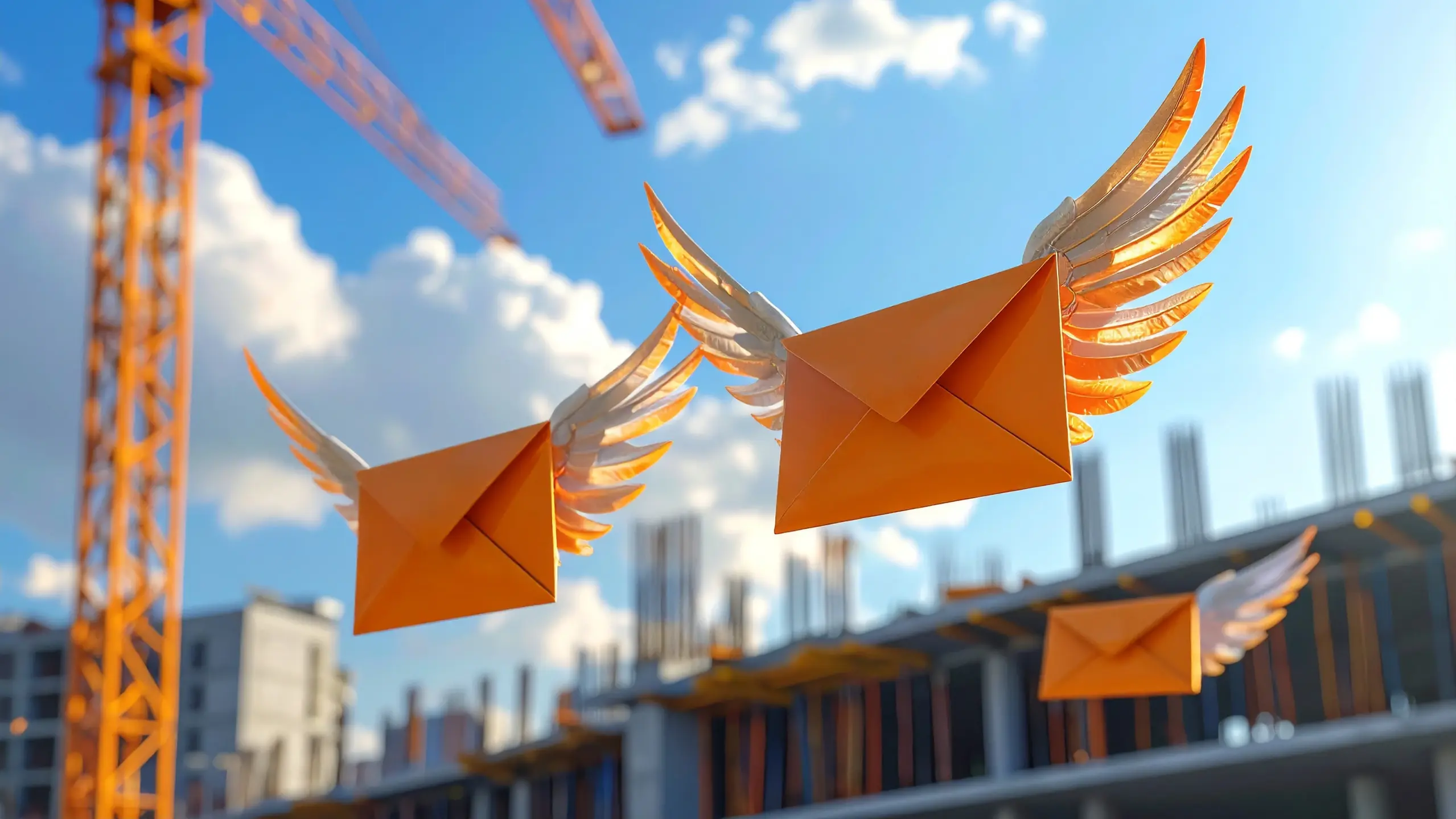 Drei orangene Briefumschläge mit Flügeln vor einer Gebäudebaustelle
