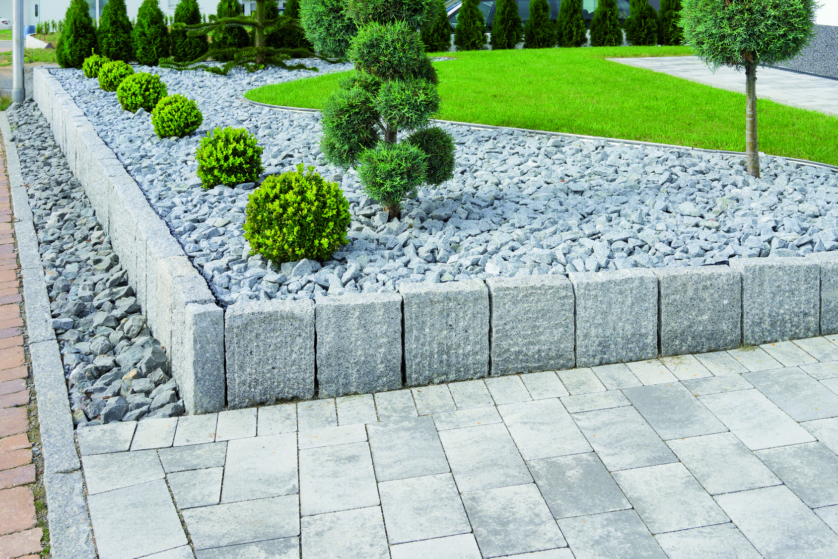 Ein ordentlich gestalteter Gartenbereich mit sauber gemähtem Rasen und harmonisch angeordneten Pflanzen