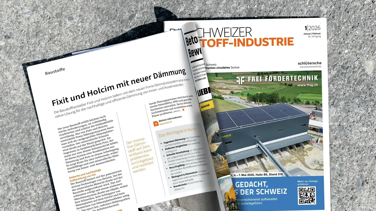Magazin Die Schweizer Baustoff-Industrie liegt mit dem Bericht zu FOME® aufgeklappt auf dem Betonboden