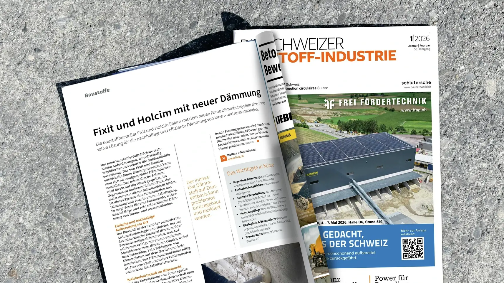 Magazine L'industrie suisse des matériaux de construction, avec le rapport sur FOME® ouvert sur le sol en béton