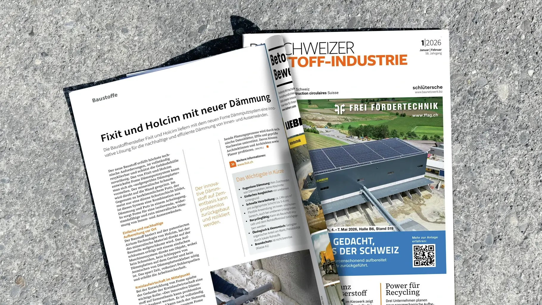 Magazin Die Schweizer Baustoff-Industrie liegt mit dem Bericht zu FOME® aufgeklappt auf dem Betonboden