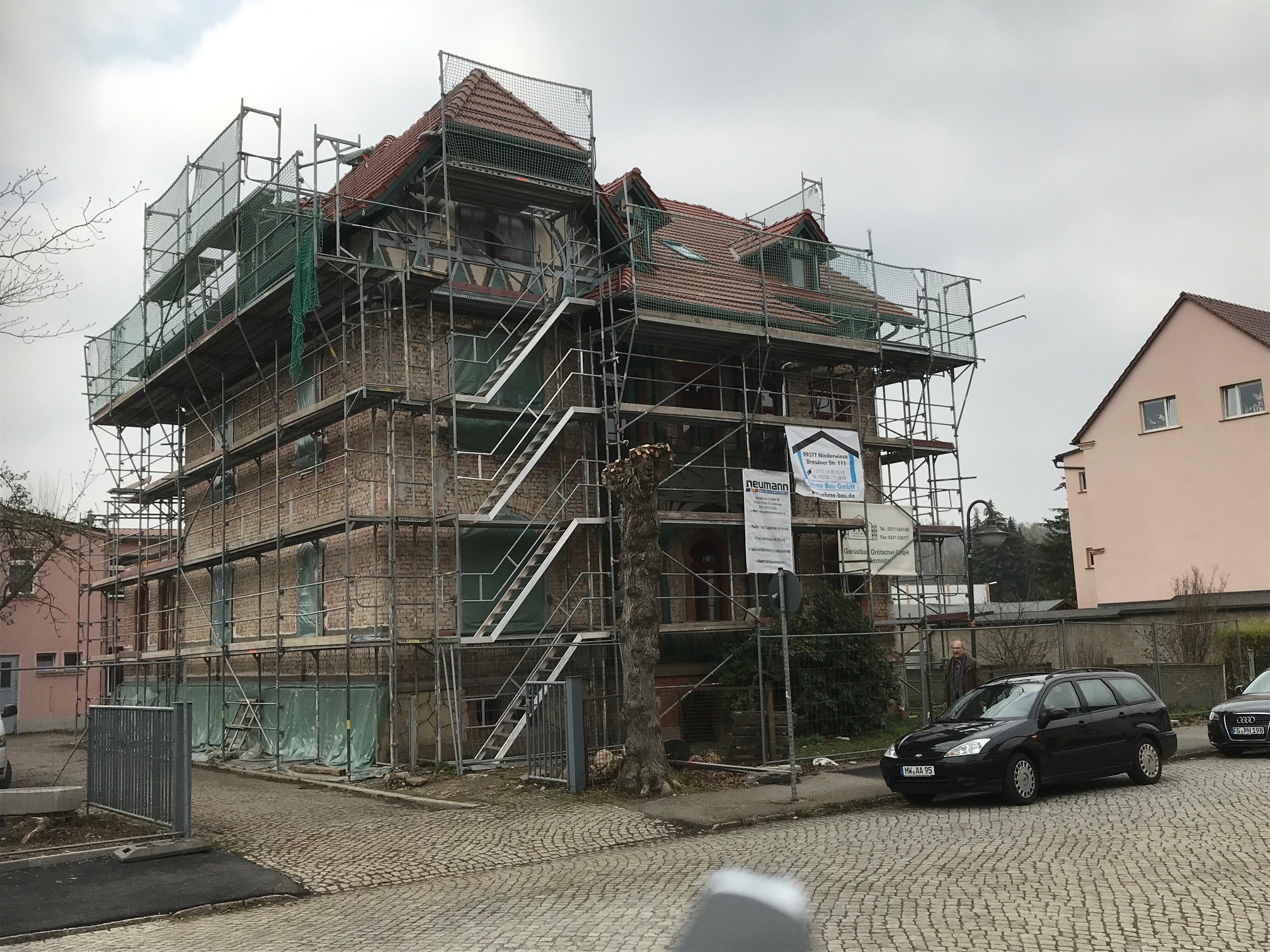 Half-timbered house during renovation work.