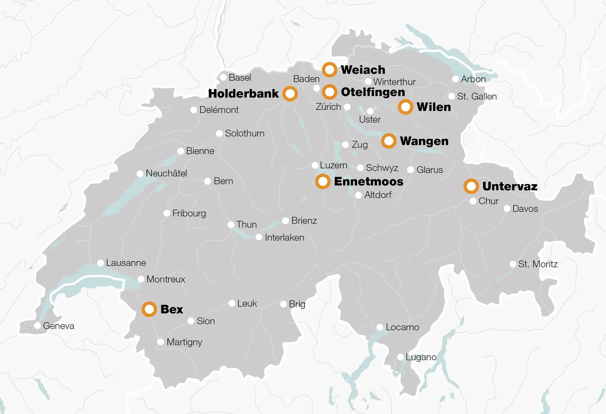 Karte der Schweiz mit Unterteilung in die Vertriebsregionen der Fixit AG