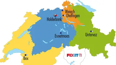 Karte der Fixit Verkaufsregionen in der Schweiz mit farblichen Hervorhebungen
