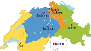 Carte des régions de vente Fixit en Suisse avec mise en évidence par couleur