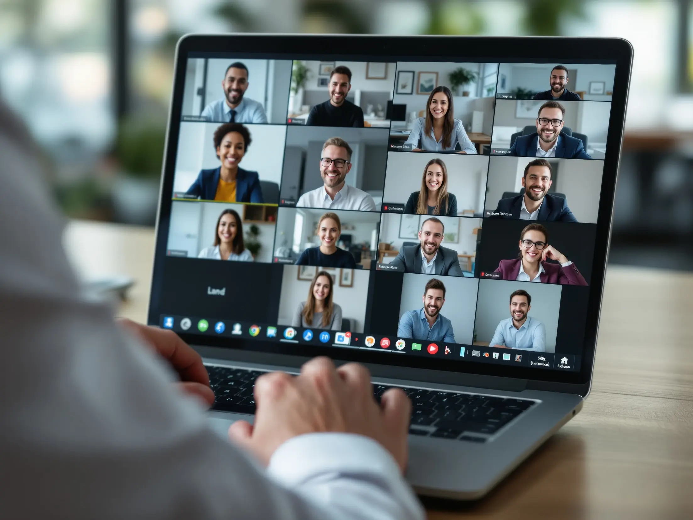 Vue par-dessus l'épaule sur l'écran d'un ordinateur portable affichant une visioconférence avec 16 participants