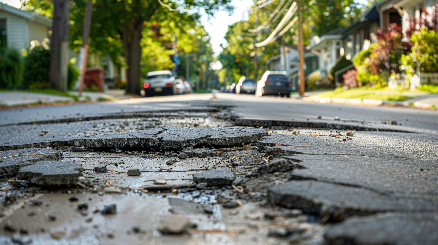 eine Straße, die sich durch eine Kleinstadt schlängelt. Die Straße weist deutliche Schäden auf, darunter mehrere Risse und Schlaglöcher.