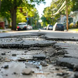 Die Straße in einer Kleinstadt mit erheblichen Schäden 