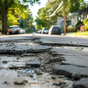 Eine Straße in einer Kleinstadt mit erheblichen Schäden 