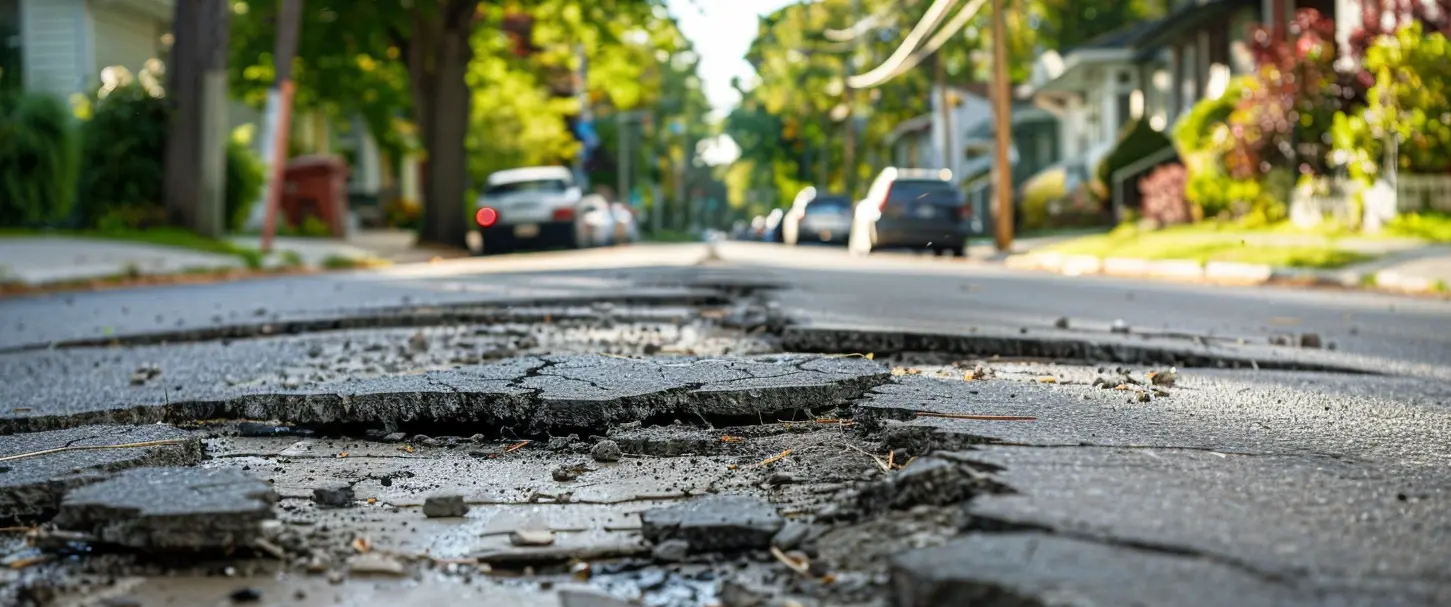 Aufgeplatzte Straße in einer Kleinstadt