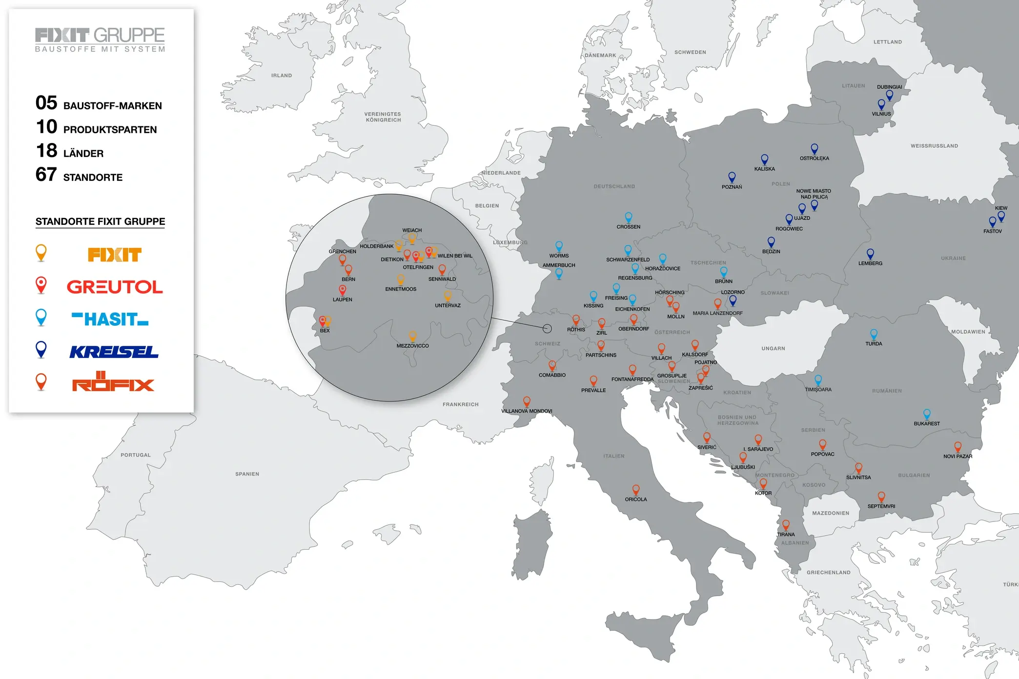 Karte von Europa mit den Markierungen für alle Standorte der beteiligten Unternehmen in der FIXIT GRUPPE in den Markenfarben