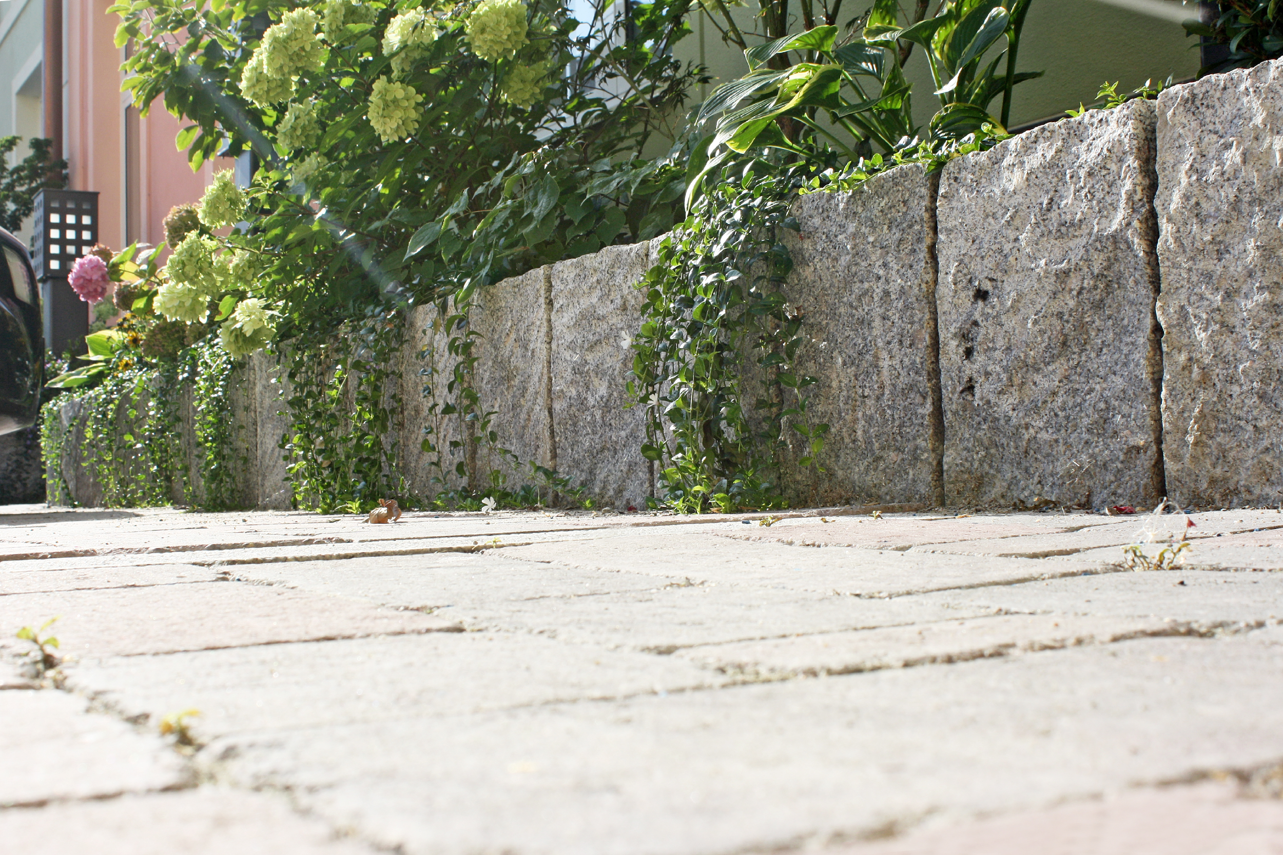 Ein Natursteinrand um ein Blumenbeet, der die Pflanzen elegant einfasst.
