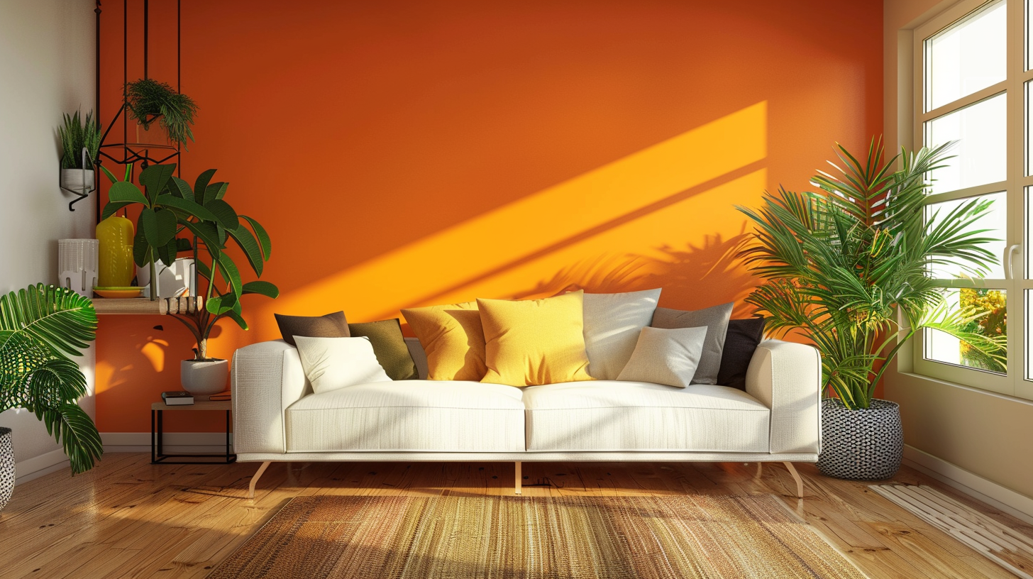 Schöne Innenraumgestaltung eines Wohnbereichs mit einer orangenen Innenwandfarbe