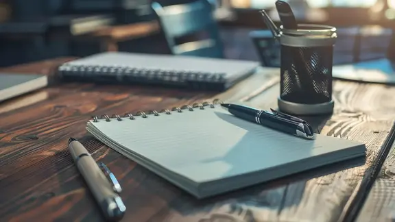 Arbeitsplatz mit einem Notizblock und Stiften 
