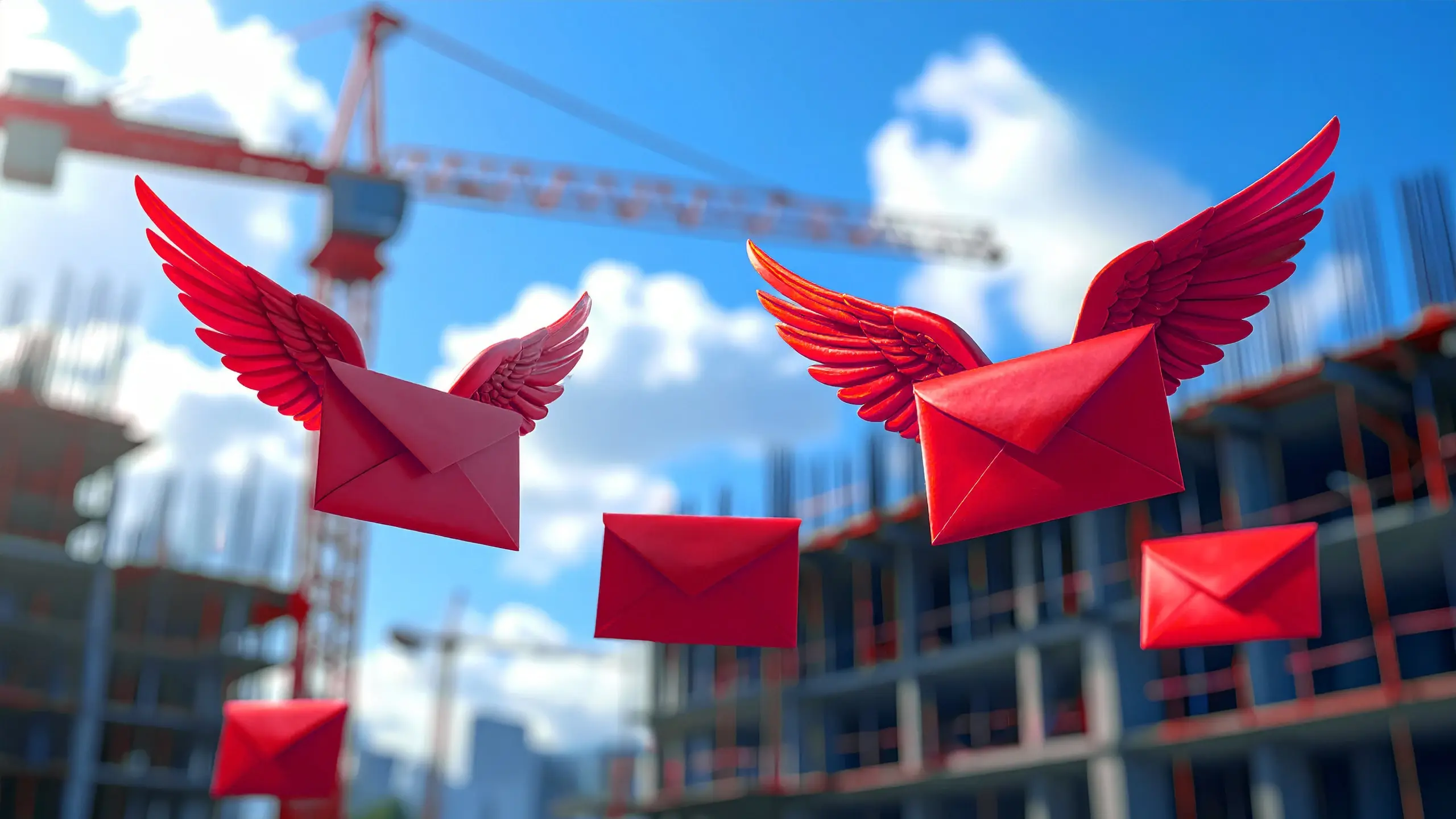 De nombreuses enveloppes rouges ailées devant un chantier de construction