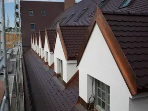 Dachseite mit Fenstern und Gerüst