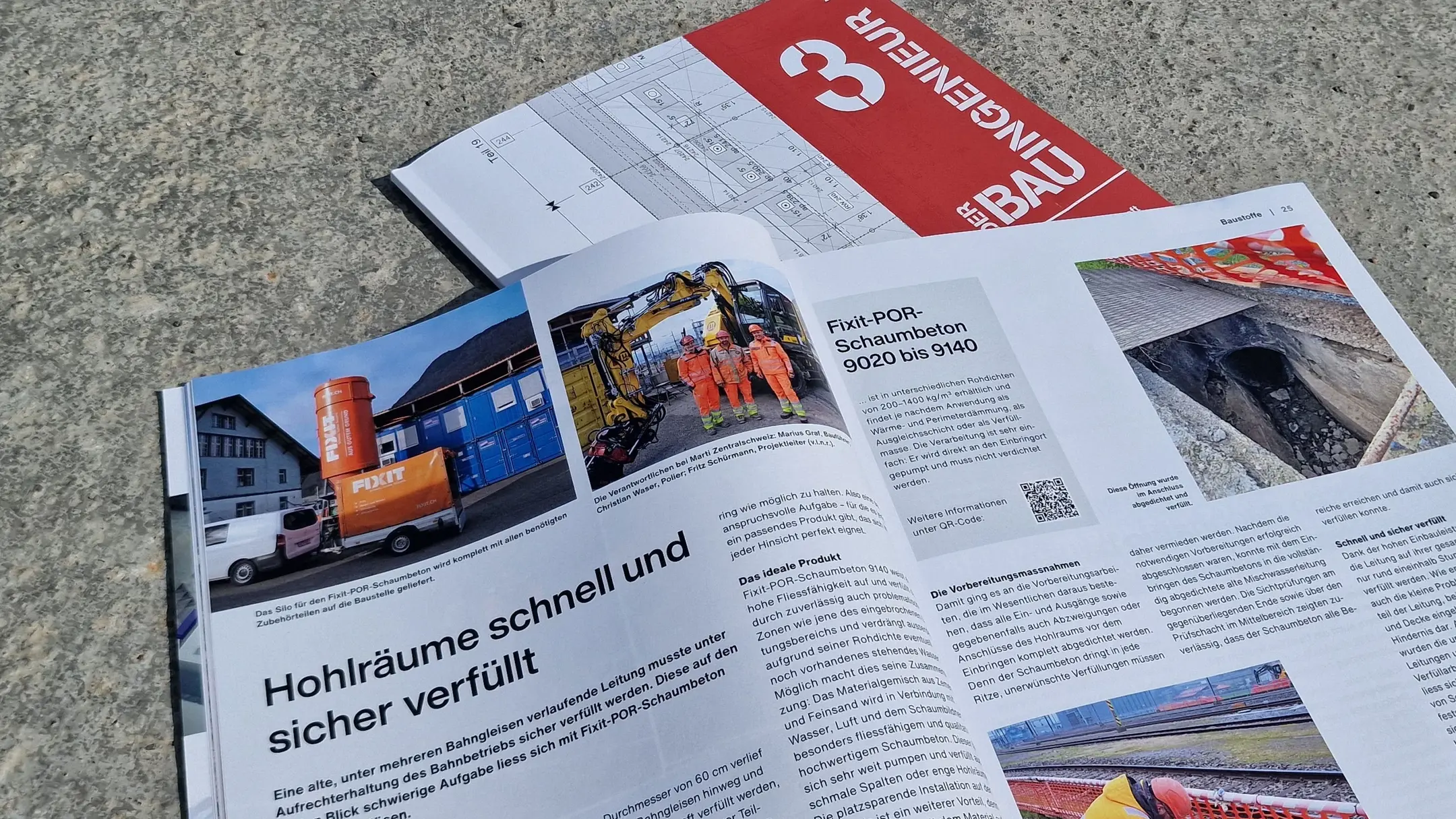 Titelblatt des Magazins "Der Bauingenieur" mit dem aufgeschlagenen Artikel zur Fixit POR Leitungsverfüllung am Bahnhof Schwyz